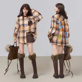 新品弥散格纹长袖衬衫女秋季元气感涂鸦印花撞色翻领外套上衣情侣