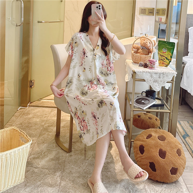 Camisón de seda de algodón para mujer verano nuevo Pijama estampado de dibujos animados de manga corta estilo coreano más tamaño ropa para el hogar suelta de seda de algodón delgada