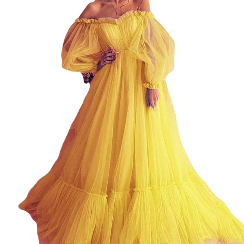 2025 nuevo estilo ropa de mujer de comercio exterior europea y americana vestido de novia largo de malla de un hombro vestido de swing grande nuevo estilo