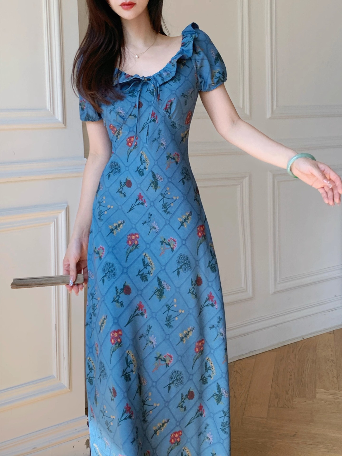 Đầm midi nữ cổ bèo tay ngắn eo thon kiểu Pháp — màu xanh