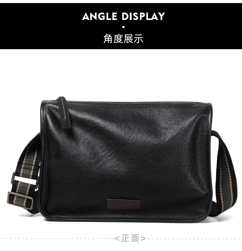 Túi đeo chéo nam da bò kiểu retro 29×11×17 cm — Màu đen da thực vật, Da cầm tay màu đen chi tiết 13