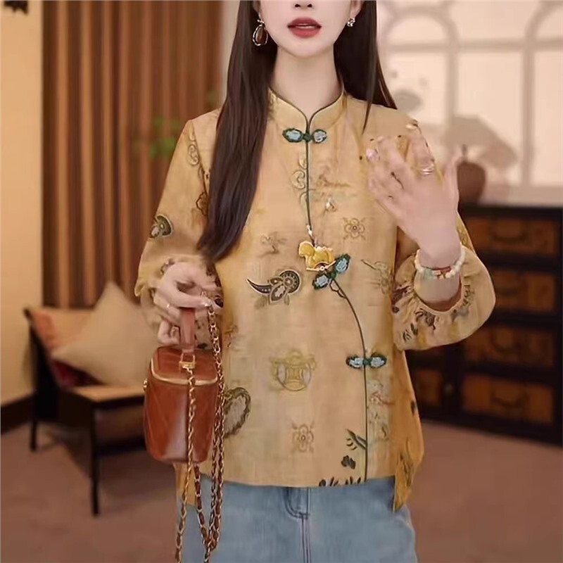 Dropshipping 2026 New Chinese Style Spring/Summer Tang Suit Diagonal Collar Shirt, Elegant and Versatile, Age-Reducing, Slimming, and Brightening