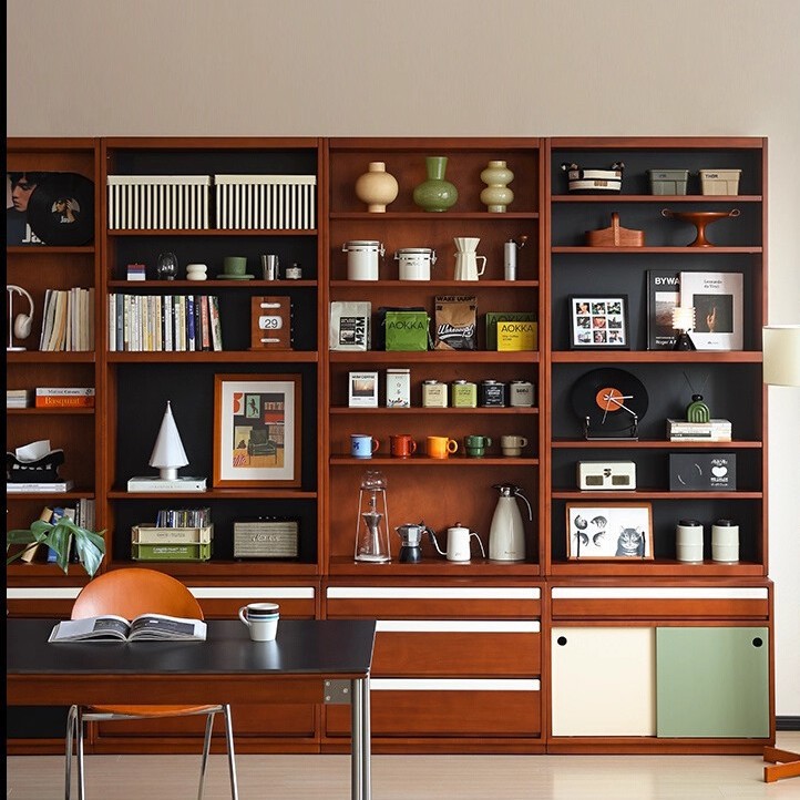 Scandinavian Solid Wood Bookcase Home Floor-Standing Wall Display Storage Cabinet Study Retro High Cabinet Full Wall Bookcase Combination