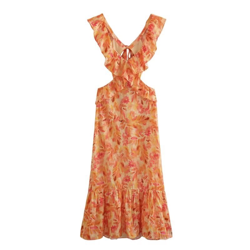 23 XX European and American style women's new spring v-neck ruffled design backless Printing Dress