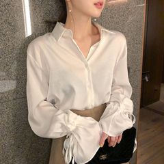 初秋新款复古港味设计感小众喇叭袖雪纺白色衬衫轻熟上衣女士
