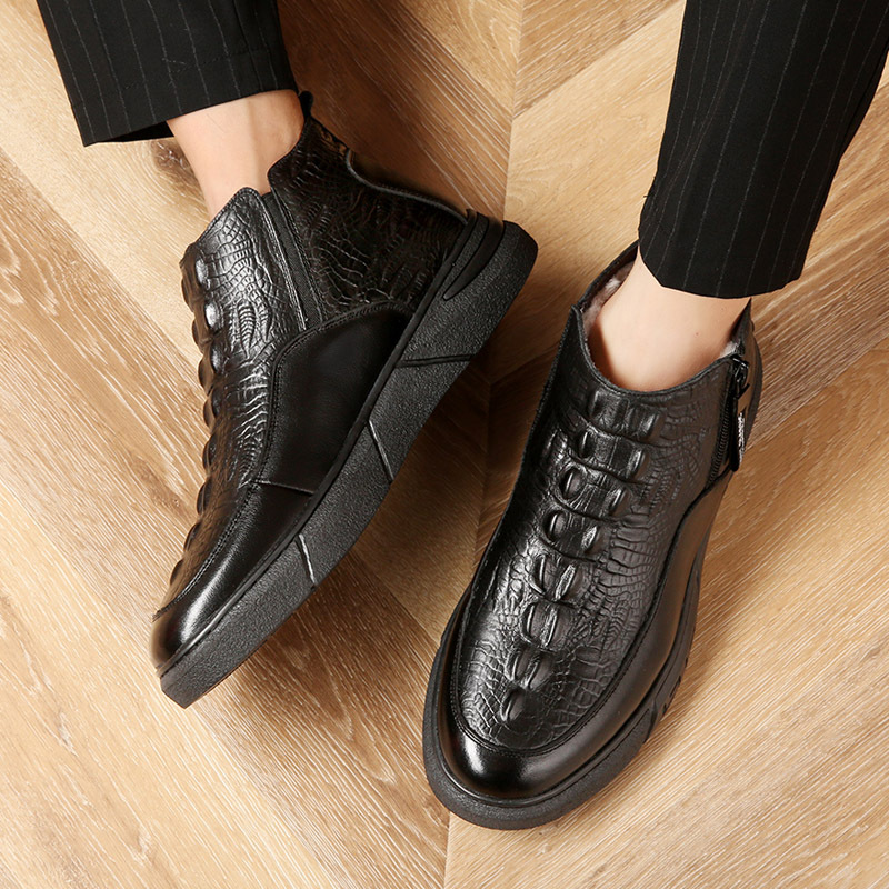 22 Invierno primera capa de piel de vaca cocodrilo patrón de lana de algodón de los hombres zapatos de los hombres de cuero caliente forrado de lana zapatos de los hombres zapatos de cuero papá de los hombres
