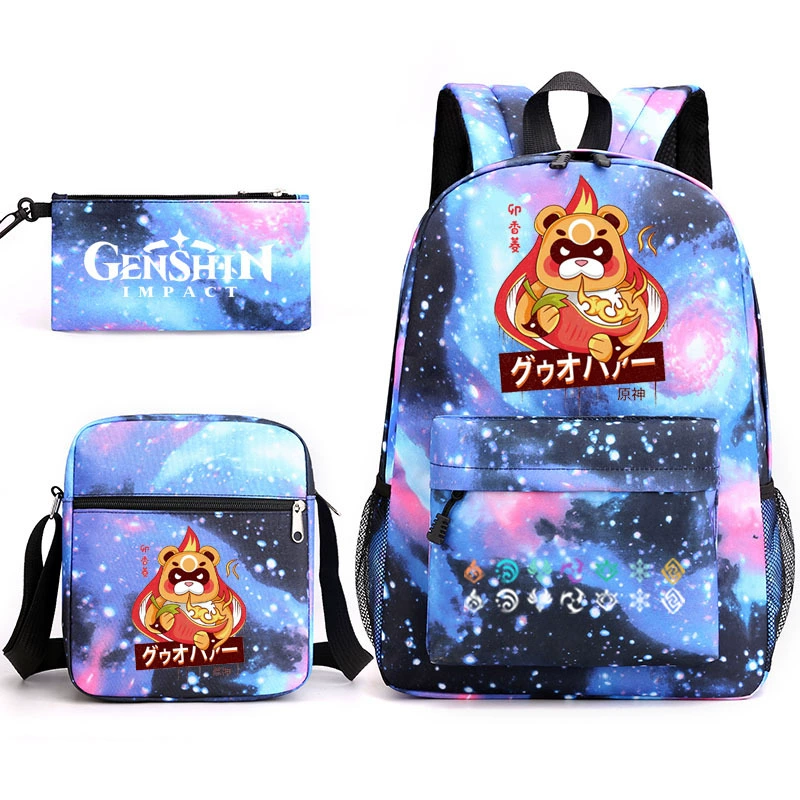 Backpack set (Genshin) 3‑piece — backpack, one‑shoulder bag, pencil case, assorted colors