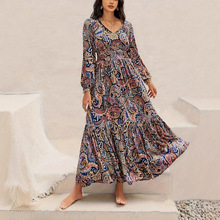 TEMU独立站外贸波西米亚风V领印花连衣裙女中长款气质度假沙滩裙