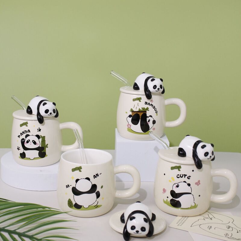 Cartoon Embossed Panda Mug, Good-Looking, Creative and Cute Ceramic Mug with Lid and Straw, Breakfast Milk Cup
