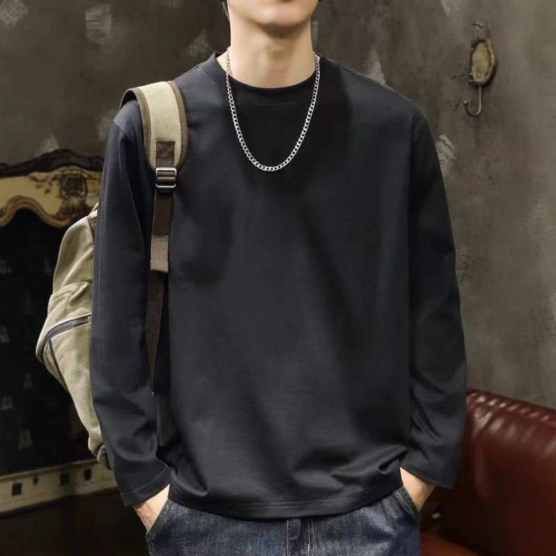 長袖Tシャツメンズ香港スタイルの新しい春と秋の厚手の純綿ルーズTシャツインナーレイヤリングシャツ無地トップ|undefined
