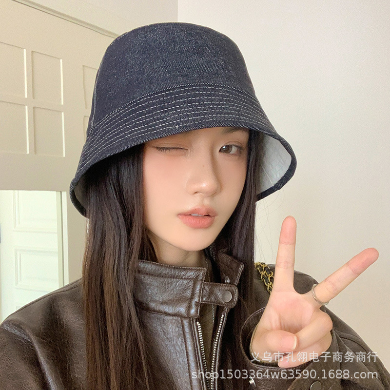 韩系时尚气质双面戴牛仔渔夫帽子女款2025新款复古高级感遮阳盆帽|undefined