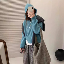 韩国东大门秋冬新款纯色宽松显瘦坑条连帽套头毛衣女软糯针织上衣