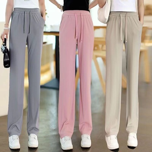 Ice Silk Trousers for Women: Narrow Leg Wide Pants, Summer Thin Model, Petite Size, Flowy Casual Straight Pants for 2025