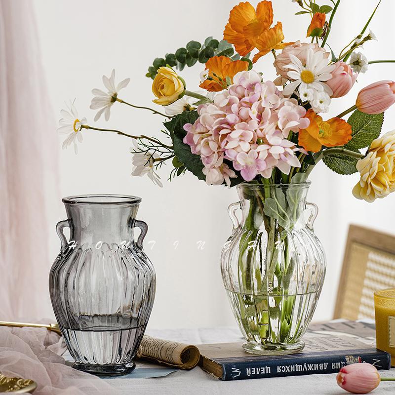Vintage European Style Double Ear Pot Shape Glass Vase Transparent Hydroponic Dried Fresh Flower Bouquet Household Large Diameter Vase Ornaments