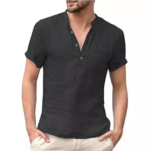New Cotton Linen Short Sleeve Men's T-Shirt Stand Collar Button-Down Half-Open Front Simple Short Sleeve Shirt Men's Summer Solid Color Thin Model