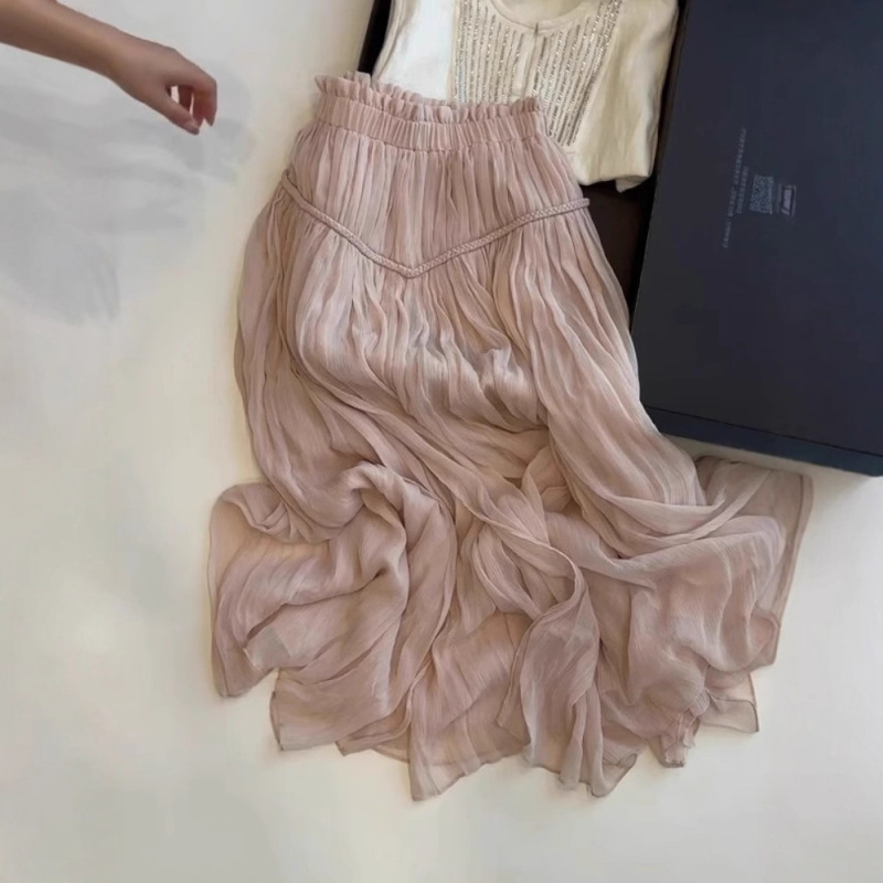 夏にぴったりの美しいコールドスタイルの高級ドレープピンクプリーツAラインスカート、洋ナシ体型カバーヒップスカート|undefined