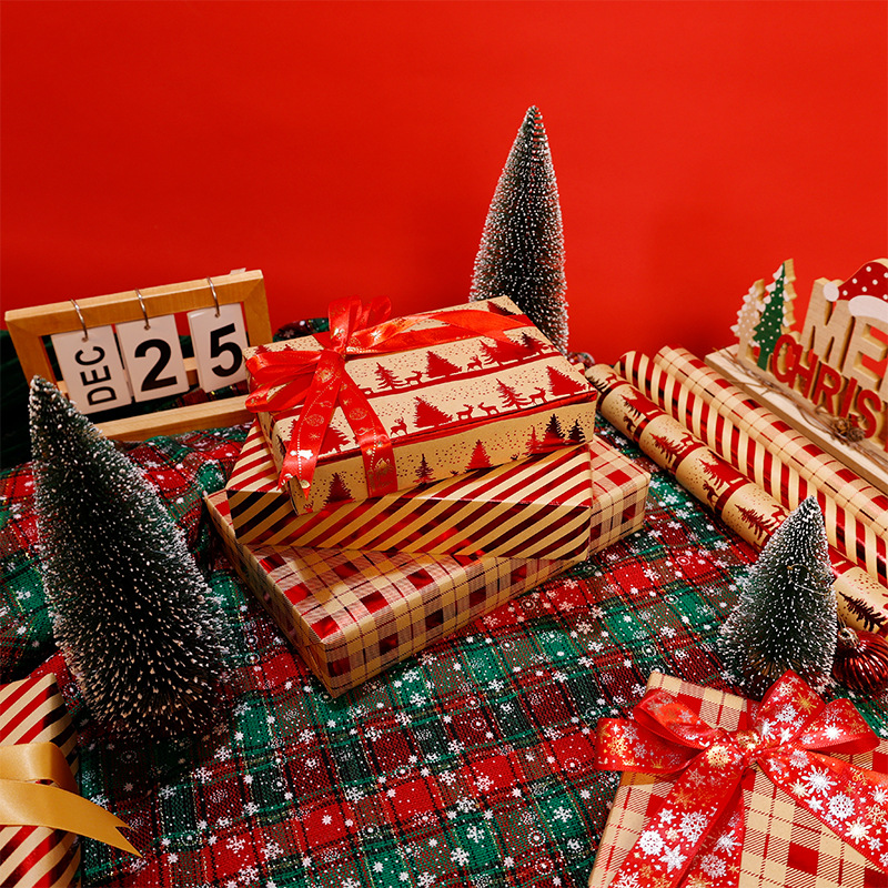 Transfronterizo amazonas rojo estampado navidad nieve ciervo cuadrado rayas embalaje de regalo kraft DIY al por mayor en stock
