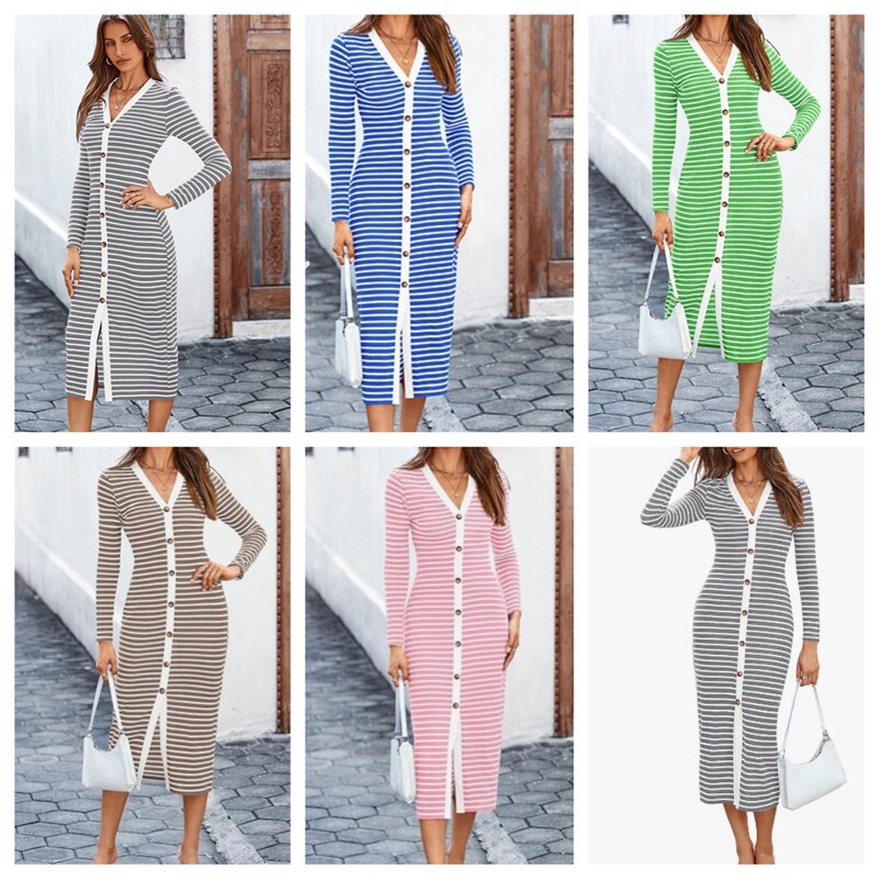2024 Striped Women's Casual Long Sleeve Mid-Length Dress Decorative Button Ribbed Knit Dress 2024 Striped Women's Casual Long Sleeve Mid-Length Dress Decorative Button Ribbed Knit Dress