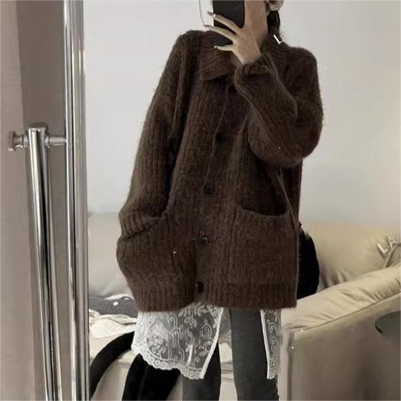 韩系穿搭慵懒风翻领毛衣秋冬女装高级感宽松软糯针织开衫上衣外套|undefined