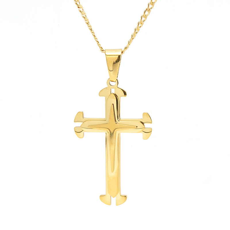 Cruz-frontera europea y americana de acero inoxidable de moda multi-capa Cruz colgante collar de los hombres de 18 quilates de oro hip hop collar de acero de titanio
