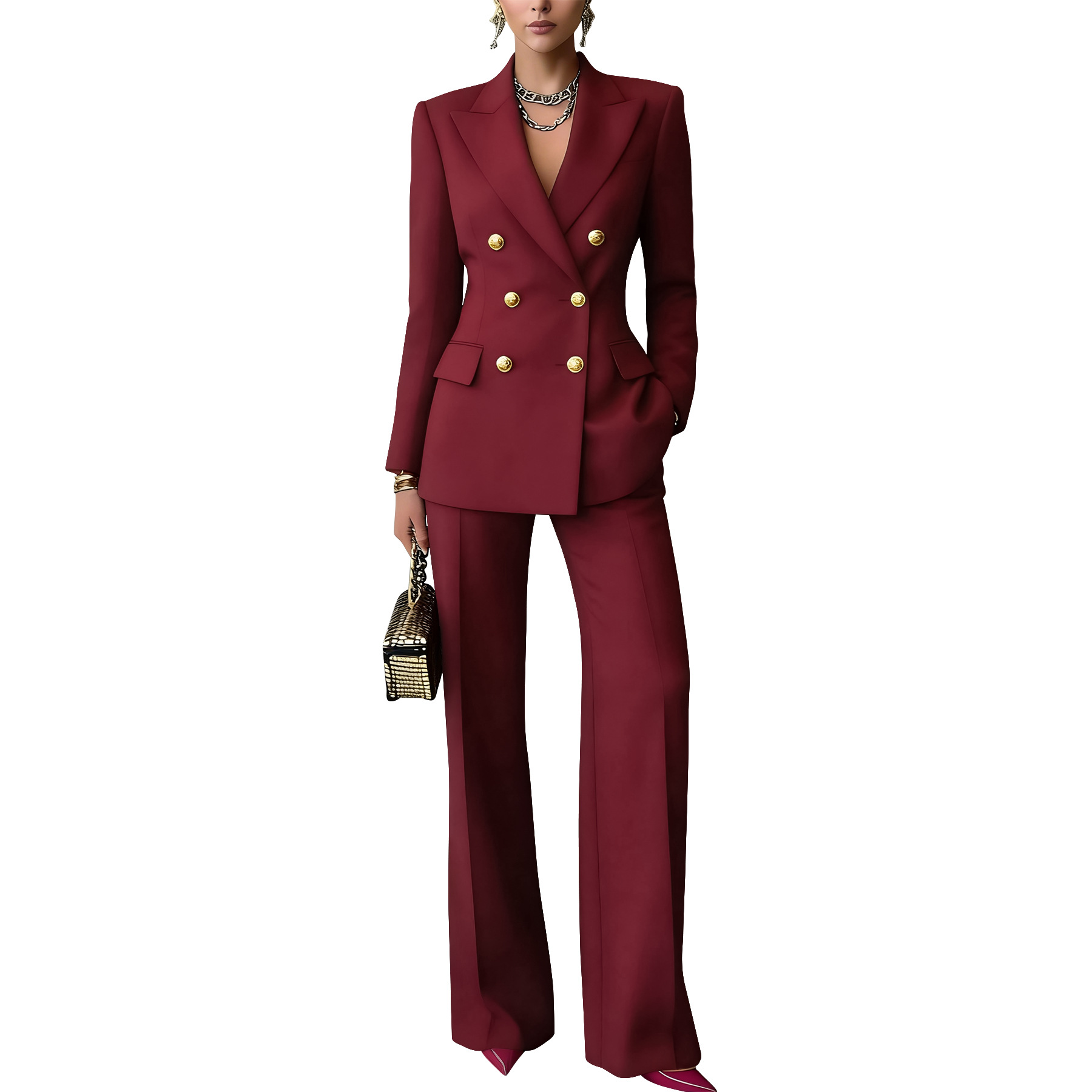 Women's Solid Color Button Suit Trousers Set With Lapel Professional_ecoleips.com