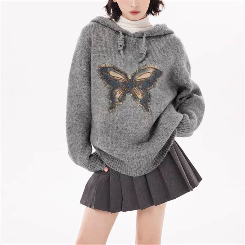 Gray Pullover Butterfly Hooded Knitwear for Women 2025 Autumn and Winter Knitwear Lazy Style Sweatshirt Loose Long-Sleeved Top
