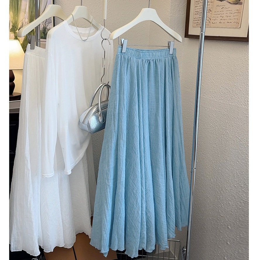 Pleated Midi Skirt Style Textured Cotton Linen Fabric Casual A-Line Summer Skirt Size 25 Full Skirt_ecoleips.com