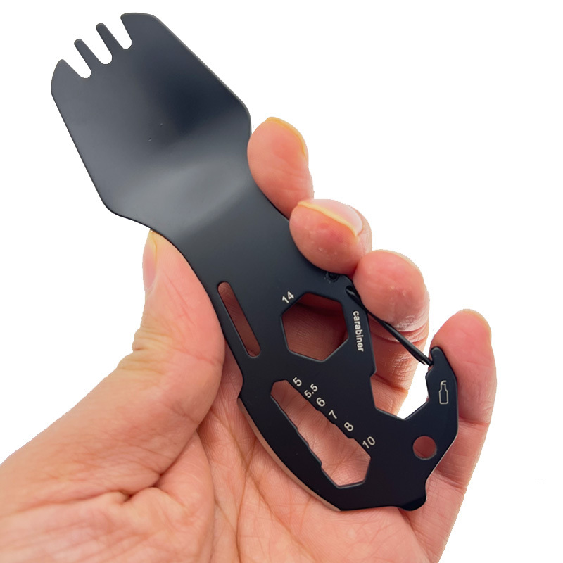 Stainless steel outdoor multi-function mountaineering buckle fork spoon tableware spoon camping cookware bottle opener wrench Harpoon