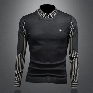 2024 Autumn and Winter New Fake Two-piece Sweater Men's All-match Fashionable Korean Style Slim-fit Casual Base Shirt 3632