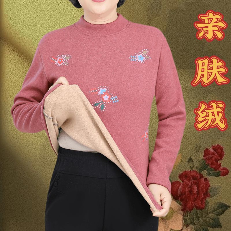 中老年妈妈德绒T恤秋冬新款保暖加厚打底衫女老人奶奶装加绒上衣