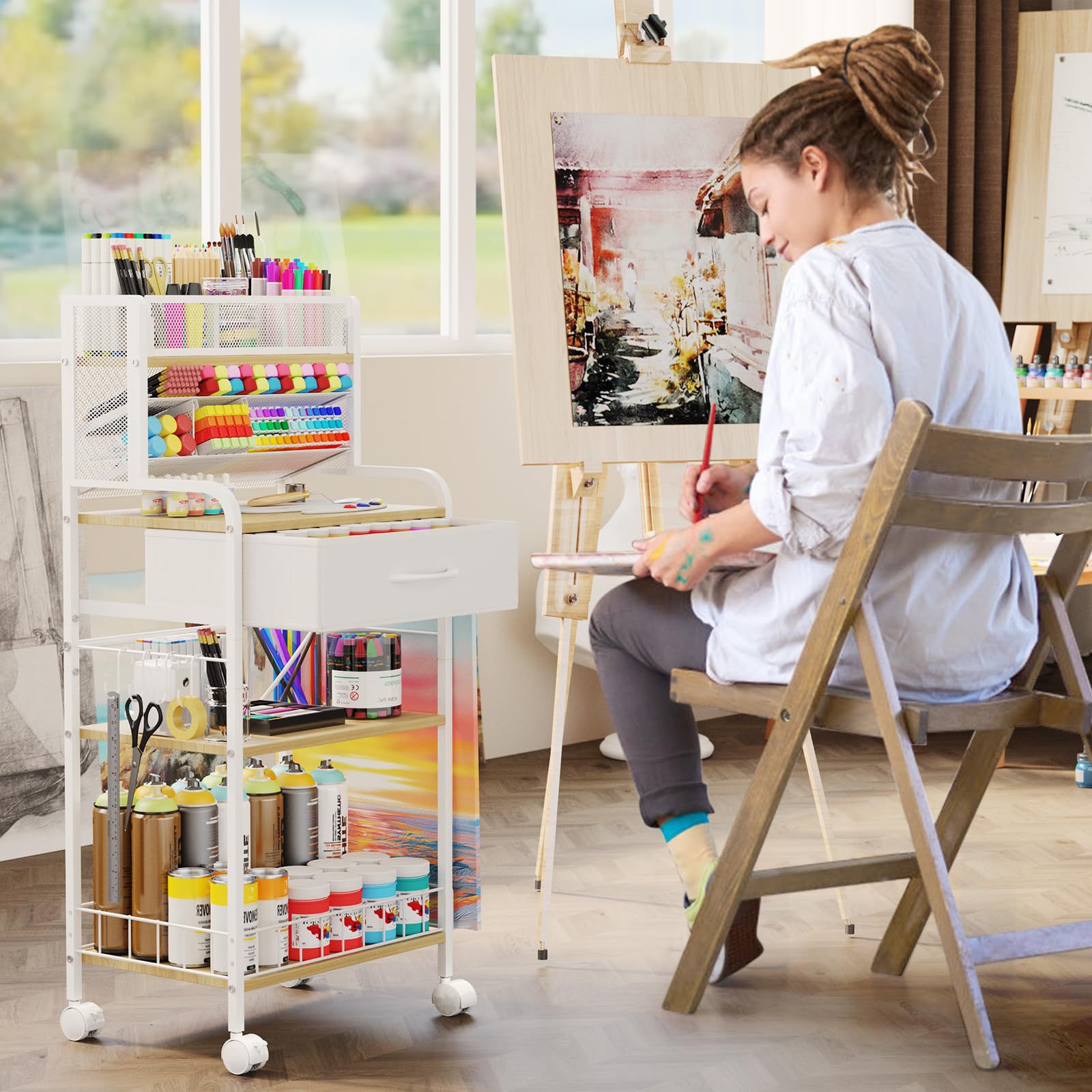 3 Tier Rolling Cart Utility Cart with Storage Drawers and Wheels Ideal for Storing Brushes Paints(White)