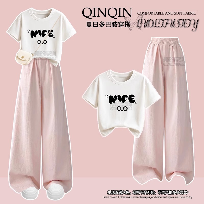 Girls' Summer Set 2025 New Arrival: Round Neck Short-Sleeve T-Shirt for Medium and Large Children, Wide-Leg Pants for Teenagers (Two-Piece Set)