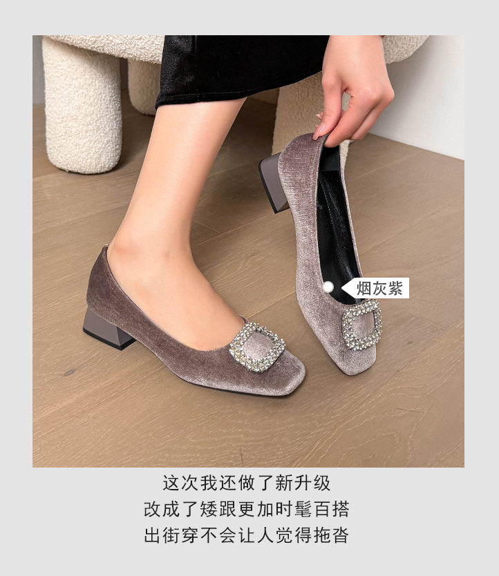 Giày bệt nữ mũi vuông khóa cài đính đá, cổ thấp, đế bằng, giày công sở — màu xám, màu đen chi tiết 9
