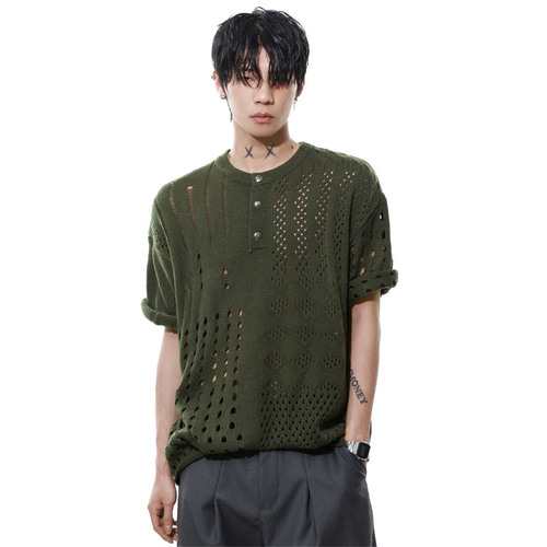 Knitted shirt, short-sleeved T-shirt, men, hollow ice silk, breathable summer, Henry collar, old money style, casual cross-border factory wholesale