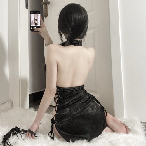 Pure Desire Cheongsam Sexy Lingerie Halter Neck Temptation Passionate Hollow Leak Back Straps High Slit No-Take Off Uniform Suit