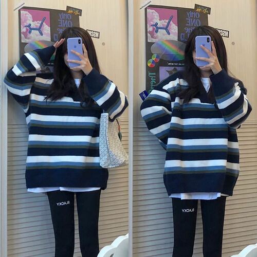 Striped sweater for women, autumn loose outer wear, retro pullover, lazy top, autumn dress, Korean loose knitted outer