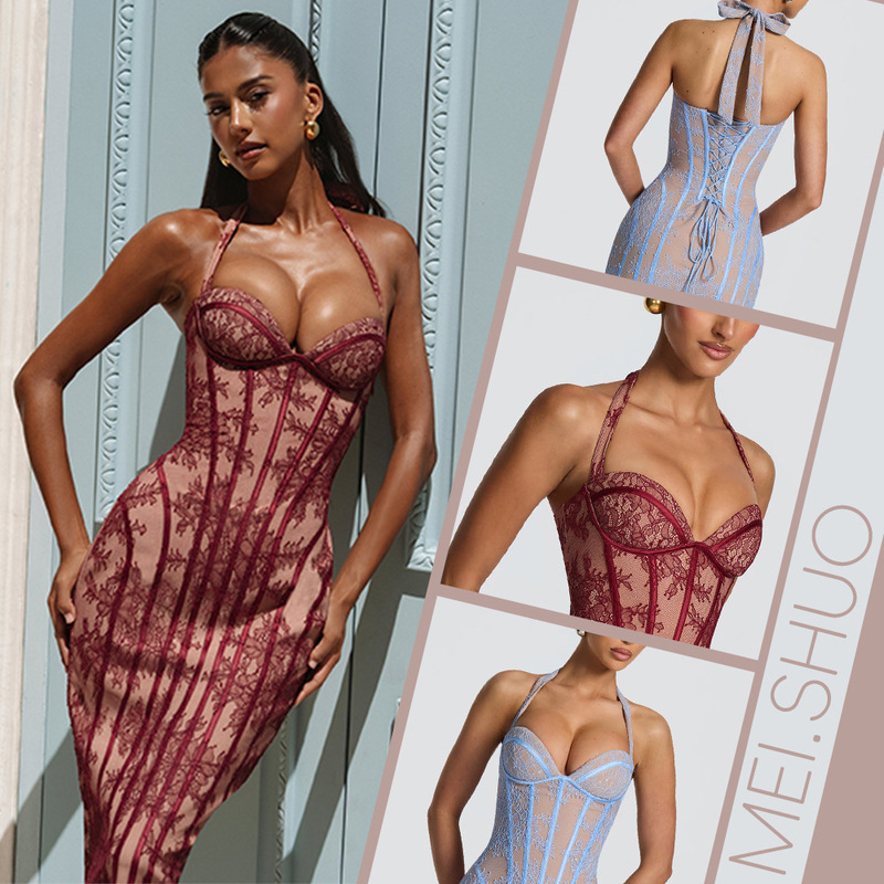 Halter Neck V-Neck Lace Fishbone Waist-Cinching Mid-Length Dress with Sheer Mesh Vertical Stripes, Body-Shaping, Hip-Hugging Evening Gown Halter Neck V-Neck Lace Fishbone Waist-Cinching Mid-Length Dress with Sheer Mesh Vertical Stripes, Body-Shaping, Hip-Hugging Evening Gown
