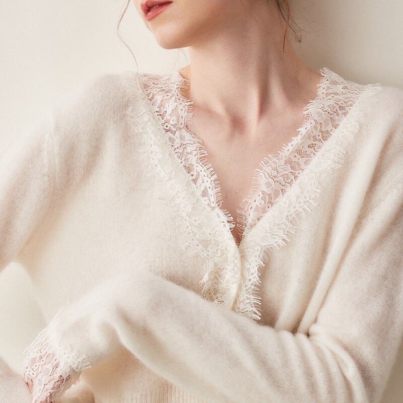 Autumn and Winter New High-End Cashmere Sweater for Women, Thin Cashmere Cardigan, Lace Style, V-Neck Knitted Cashmere Coat