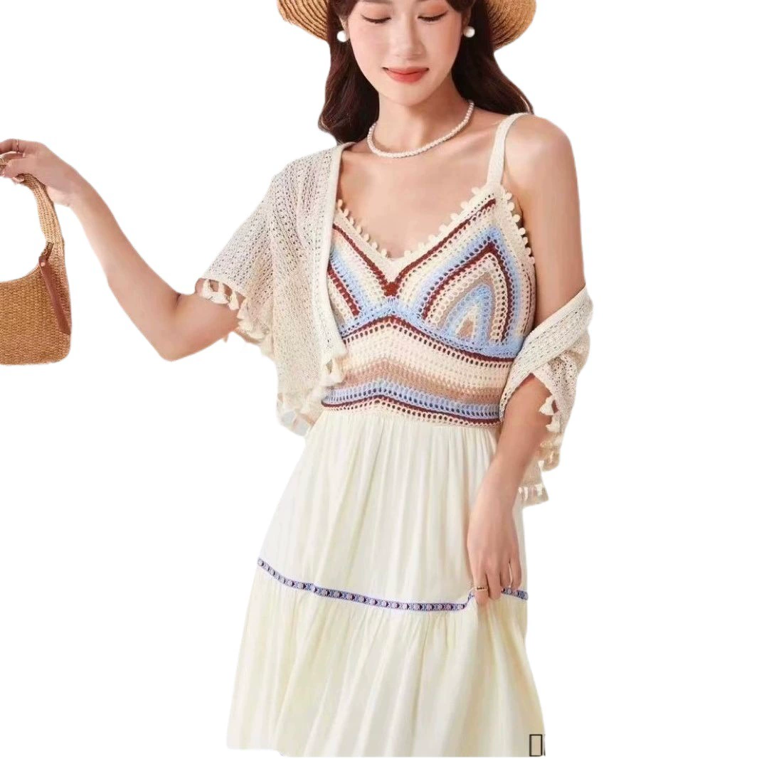 Бежевый короткий свитер с кисточками в этническом стиле, Женский Топ, элегантный дышащий полый женский кардиган