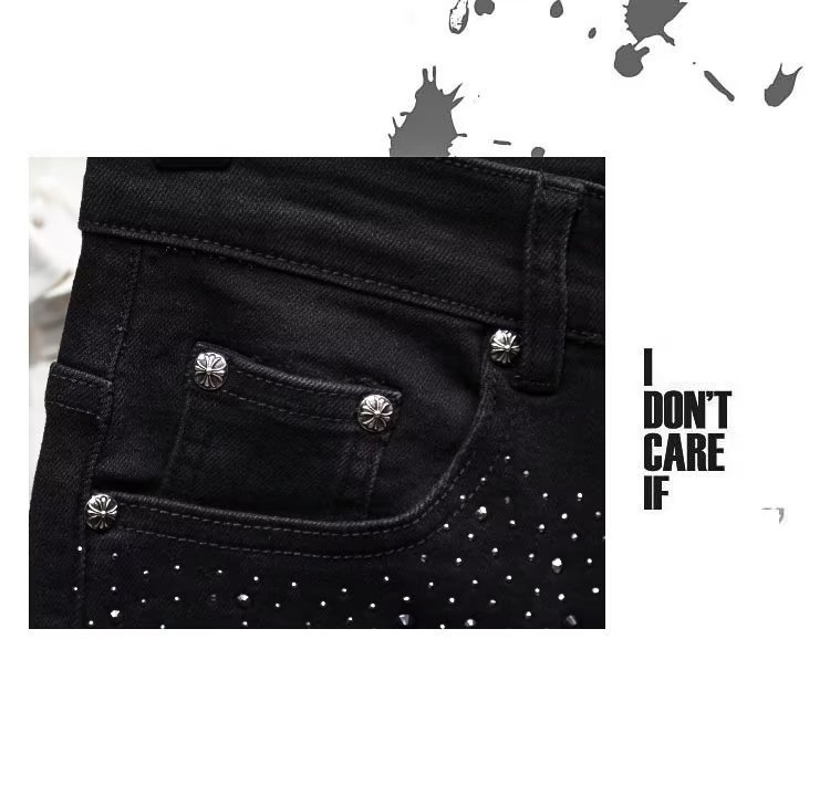 Schwarze Jeans, Trendmarke für Herren, High-End-Heavy-Industrial-Hot-Diamond-Slim-Fit, Herbst-High-Street-elastische Jeanshose_voghion.com