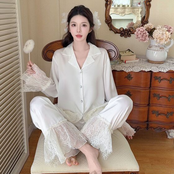 French Style Pajamas Women's Long Sleeve Trousers Sweet Princess Style Ice Silk suit Spring Pajamas Home Wear Outfit