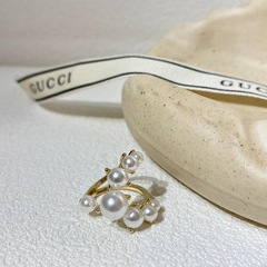 Chic and Sweet Women's Cold Wind Open Ring with Synthetic Pearls, Double Layer Bracelet Ring, Adjustable Geometry Finger Ring