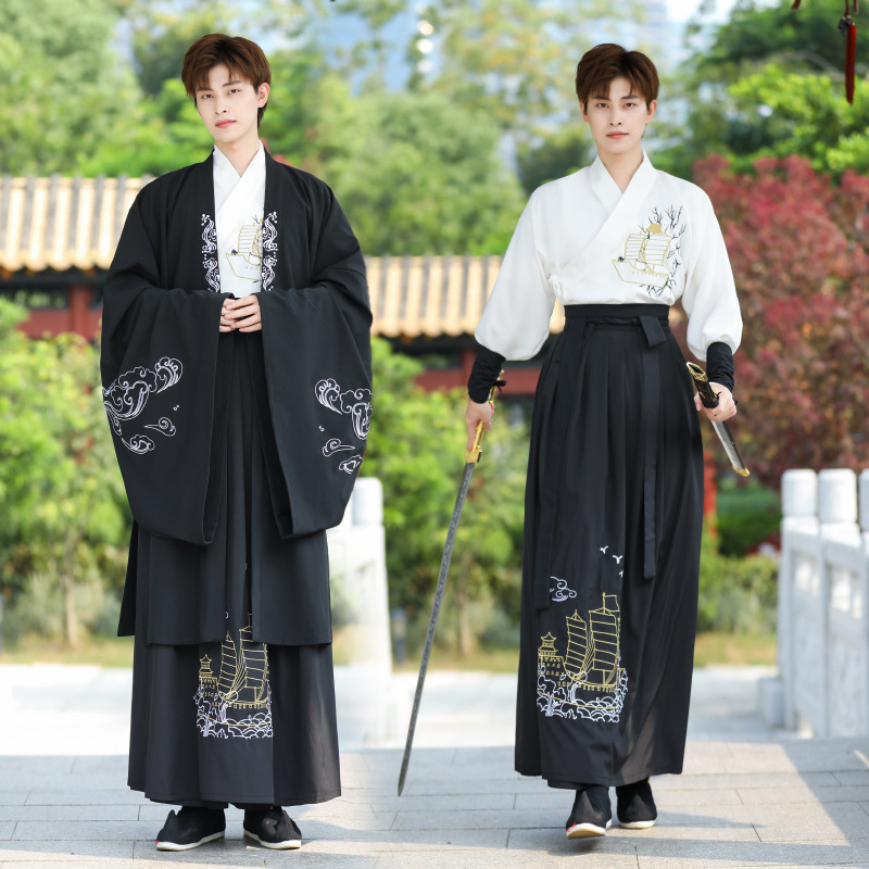Autumn and Winter New Large Size Men's Clothing Traditional Chinese Elements Antique Han Clothes Men's Wave Breaking White Black Big Sleeve Gown Ancient Costume Men's