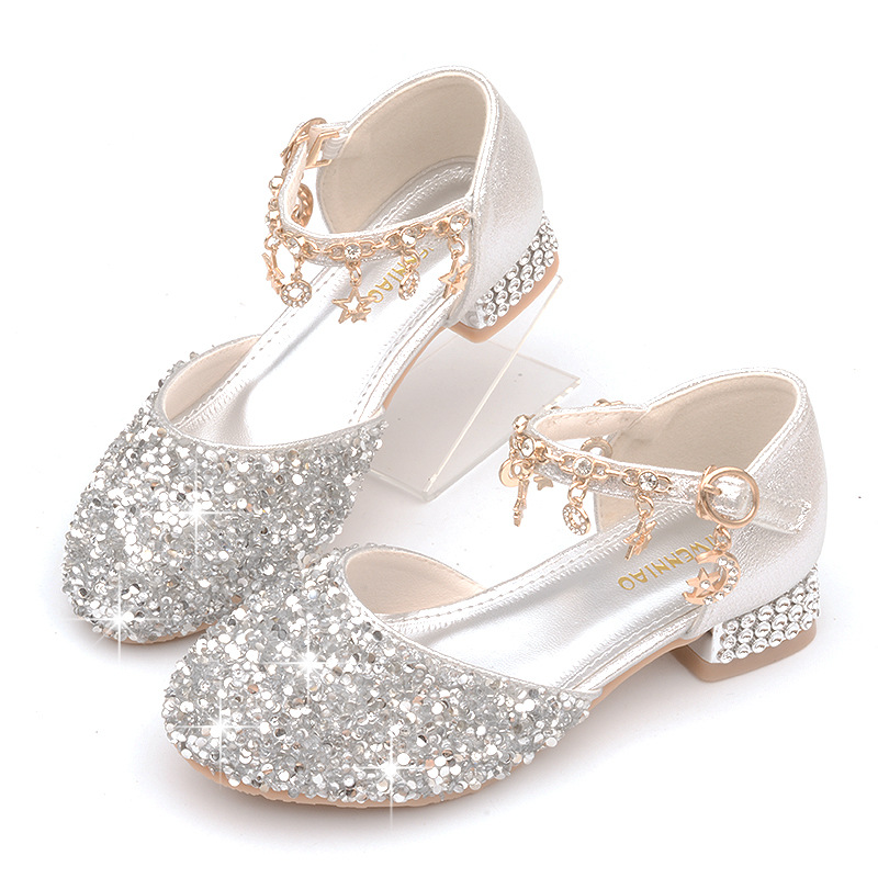 Children's shoes wholesale fashion new girls flash diamond gold-plated chain high heel Princess leather shoes catwalk dancing flower children's shoes