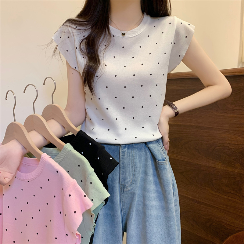 小飞袖坎肩T恤女短袖薄款2025夏装新款洋气波点印花短款针织衫潮