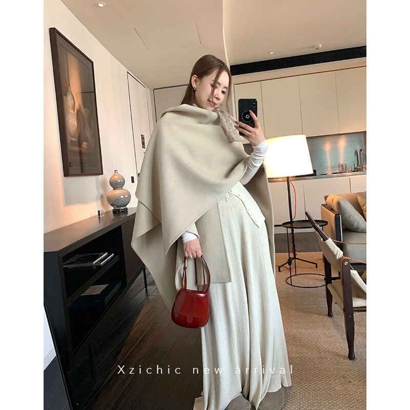 Xzichic澳洲羊毛斗篷披肩式毛呢外套女优雅贵感呢子大衣秋冬新款|undefined