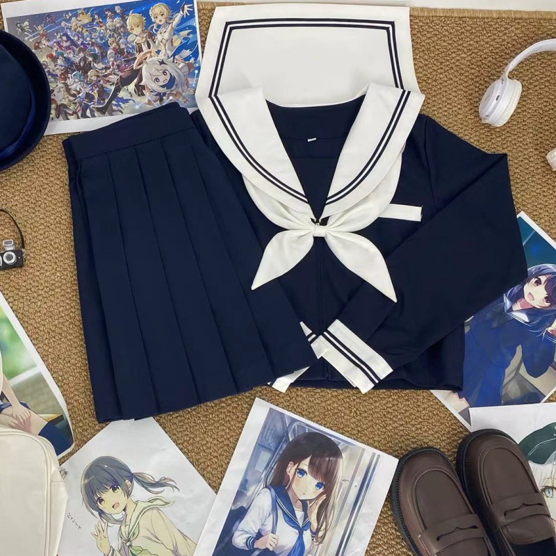White-Collar Worker Navy Blue Two-Piece Authentic Japanese Basic Style Kansai Collar Sailor Uniform Academy Style Jk Uniform Pleated Short Skirt Set