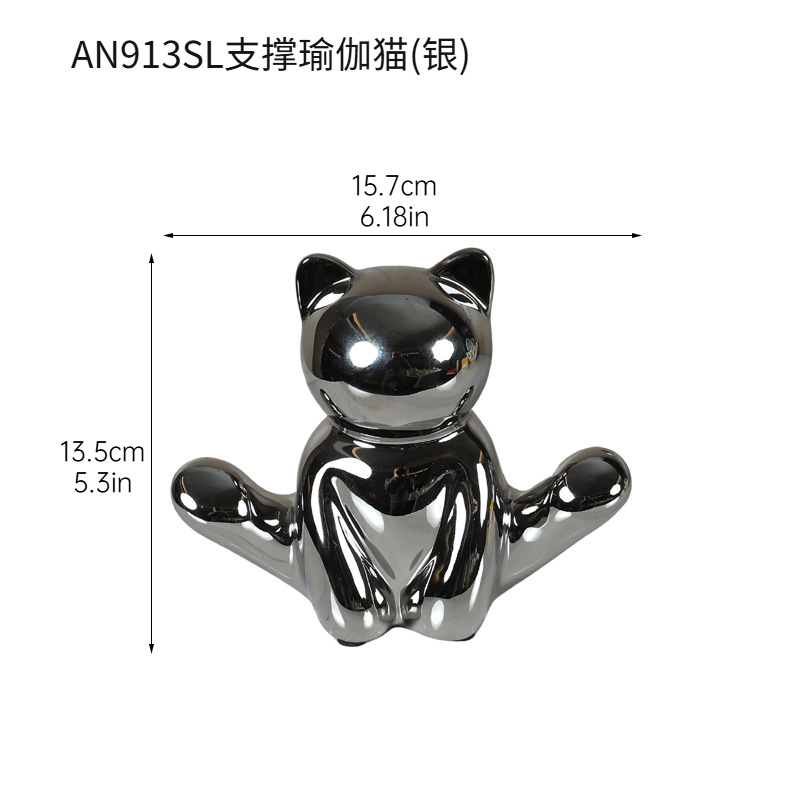 Adornos de gato de cerámica plateada, sala de estar, mueble de TV, mueble de vino, porche para el hogar, estantería de escritorio, decoraciones suaves