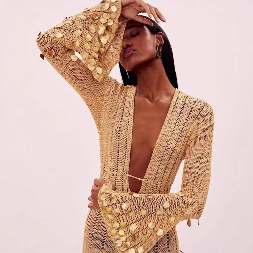 GraceChic 2025 Primavera e Autunno Nuovo Elegante e alla Moda Scollo a V Abito Lungo in Maglia Slim All'Ingrosso_voghion.com