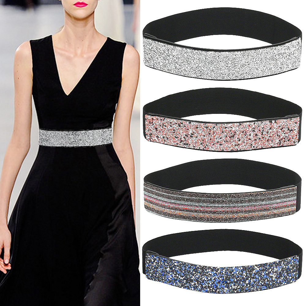 Ceinture élastique polyvalente pour femme, ornée de strass brillants et incrustée de strass, neuve._voghion.com